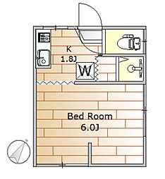 さゆり荘 2階1Kの間取り