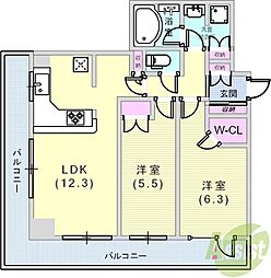 ライオンズタワー神戸元町 5階2LDKの間取り