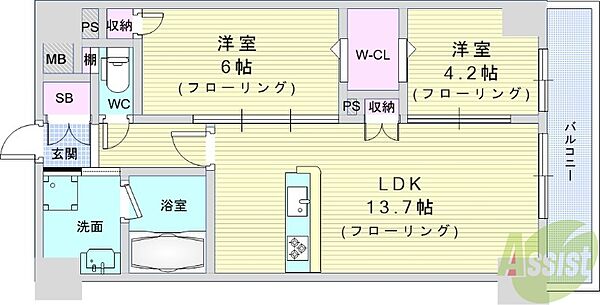 トリニティ豊中本町 307｜大阪府豊中市本町4丁目(賃貸マンション2LDK・3階・57.40㎡)の写真 その2