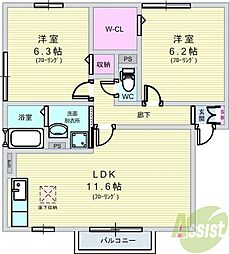 ウエストリヴァー2 2LDKの間取図画像
