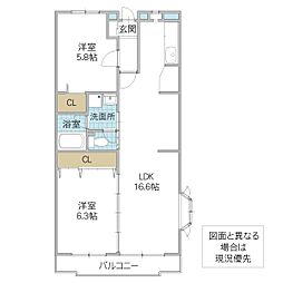 リブレス牛久 2階2LDKの間取り