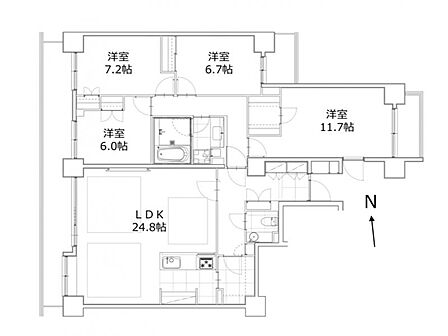 4LDK、専有面積130.36m2、北西向け、2面採光角住戸