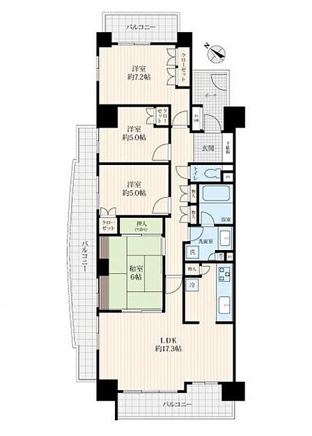 3LDK、専有面積69.43m2、南西向けバルコニー