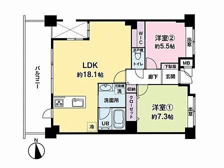 2LDK、専有面積69.27m2、北西向け、別途トランクルーム有