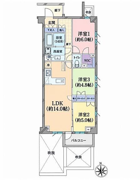 3LDK、専有面積67.71m2、南向け