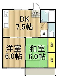 JR中央線 立川駅 徒歩15分の賃貸マンション 2階2DKの間取り