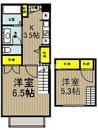 JR武蔵野線 新小平駅 徒歩7分の賃貸アパート 2階2Kの間取り
