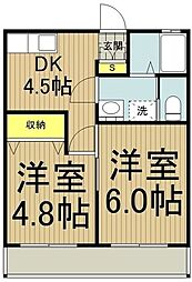 実徳ハイツ 1階2DKの間取り