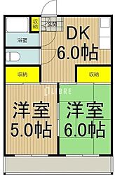 JR中央線 立川駅 徒歩17分の賃貸マンション 2階2DKの間取り