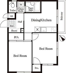サンライズ神楽坂 2DKの間取図画像