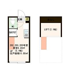 西武池袋線 桜台駅 徒歩8分の賃貸アパート 2階ワンルームの間取り