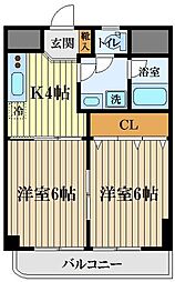 西武国分寺線 小川駅 徒歩3分の賃貸マンション 2階2Kの間取り