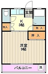 JR中央線 立川駅 徒歩18分の賃貸マンション 2階1Kの間取り