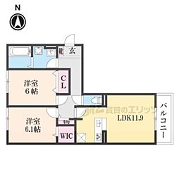 JR桜井線 帯解駅 徒歩22分の賃貸アパート 2階2LDKの間取り