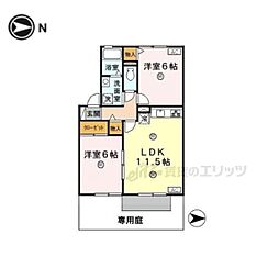 近鉄南大阪線 二上神社口駅 徒歩2分の賃貸アパート 1階2LDKの間取り