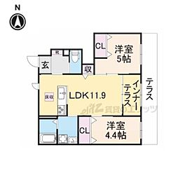 近鉄橿原線 新ノ口駅 徒歩14分の賃貸アパート 1階2LDKの間取り