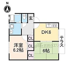 ウイングシマムラ 2階2DKの間取り