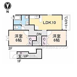 近鉄御所線 近鉄御所駅 徒歩23分の賃貸アパート 2階2LDKの間取り