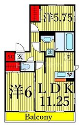 都営新宿線 篠崎駅 徒歩16分の賃貸アパート 2階2LDKの間取り