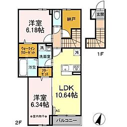 都営新宿線 篠崎駅 徒歩20分の賃貸アパート 2階2LDKの間取り