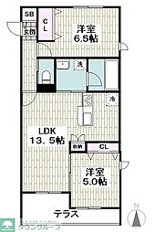 藤沢市鵠沼海岸7丁目マンション 2LDKの間取図画像