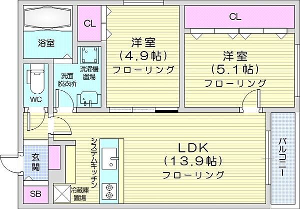 北海道札幌市西区発寒六条5丁目(賃貸マンション2LDK・5階・54.72㎡)の写真 その2