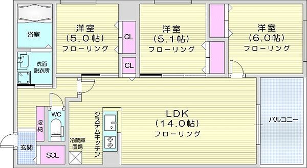 プディールノア伏見 ｜北海道札幌市中央区南十七条西10丁目(賃貸マンション3LDK・2階・70.26㎡)の写真 その2