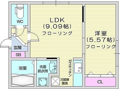 間取り：1LDK、エアコン、灯油暖房、独立洗面台