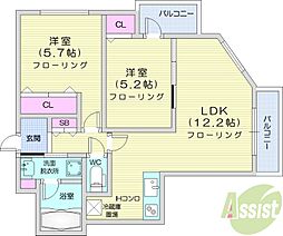 レジディア南一条イースト 3階2LDKの間取り