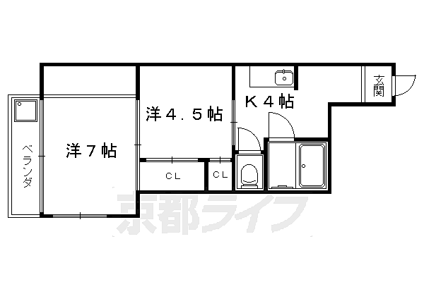 コーポひいらぎ 105｜京都府京都市北区上賀茂津ノ国町(賃貸アパート2K・1階・33.00㎡)の写真 その2