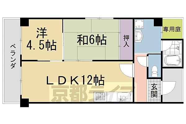 白川セントラルハイツ 104｜京都府京都市左京区田中東高原町(賃貸マンション2LDK・1階・53.77㎡)の写真 その2