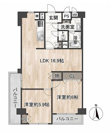 広々とした空間で寛ぎたいご夫婦へ。専有面積６３．３８平米のうち、１６．９帖をＬＤＫに割り当てた間取り設計。大きなソファやダイニングテーブルを置いても余裕があり、休日のくつろぎの質が向上します。