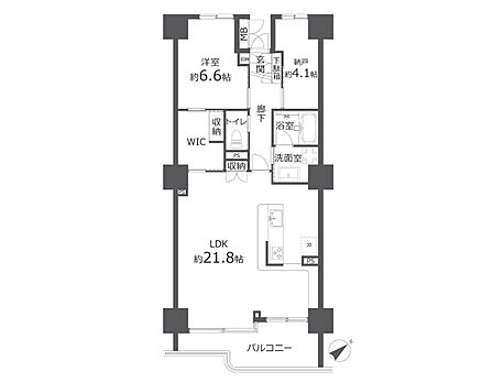 【間取り図】LDK21.8帖、洋室6.6帖、納戸4.1帖