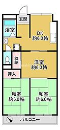 北野田大発マンションA棟 3DKの間取図画像