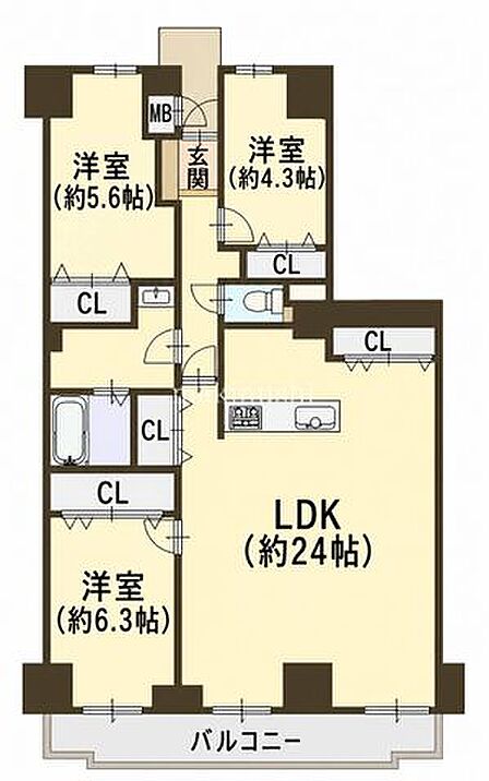 間取図専有面積88.96m2の3LDK~広々LDK約24.0帖~