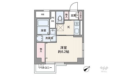 間取りは専有面積24.73平米の1K。バルコニー面積は1.8平米です。