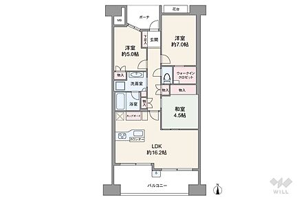 間取りは専有面積75.49平米の3LDK。LDK約16.2帖の横長リビングのプラン。バルコニー面積は11.95平米です。