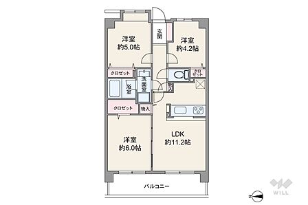 間取りは専有面積58.68平米の3LDK。LDK約11.2帖の縦長リビングのプラン。バルコニー面積は8.54平米です。