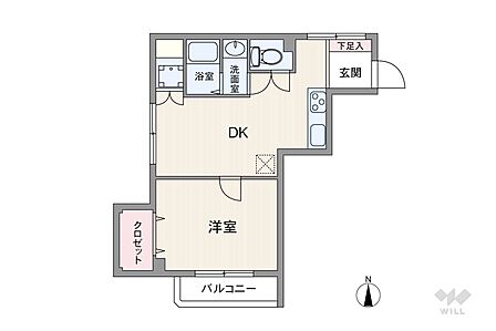 間取りは専有面積32.65平米の1DK。バルコニー面積は7.8平米です。