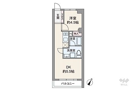 間取りは専有面積32.4平米の1DK。バルコニー面積は3.2平米です。