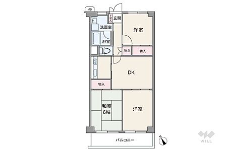 間取りは専有面積66平米の3DK。バルコニー面積は7.86平米です。