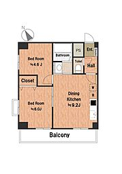 ハイライフ用賀 2DKの間取り