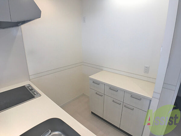 画像9:キッチンの対面には冷蔵庫や、棚が置けるスペースがあります。