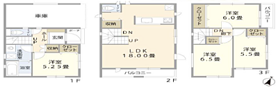 間取り：３階建て４LDK☆キッチンに備え付けの収納があるので、備蓄の置き場所も困りません！