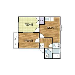 グランビア麻生 2階2DKの間取り