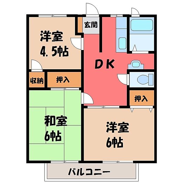 丸京ハウス Ｅ ｜栃木県塩谷郡高根沢町大字宝積寺(賃貸アパート3DK・1階・47.54㎡)の写真 その2