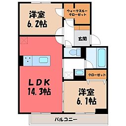 宇都宮芳賀ライトレール線 東宿郷駅 徒歩16分の賃貸アパート 2階2LDKの間取り
