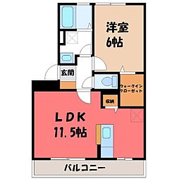 JR東北本線 宇都宮駅 4kmの賃貸アパート 1階1LDKの間取り