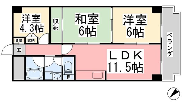 チュリス松山 ｜愛媛県松山市道後湯之町(賃貸マンション3LDK・3階・60.50㎡)の写真 その2