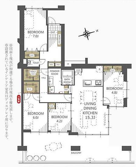 100m2超のゆとりある4LDK。最上階・角部屋につき眺望・通風・採光良好な室内です。